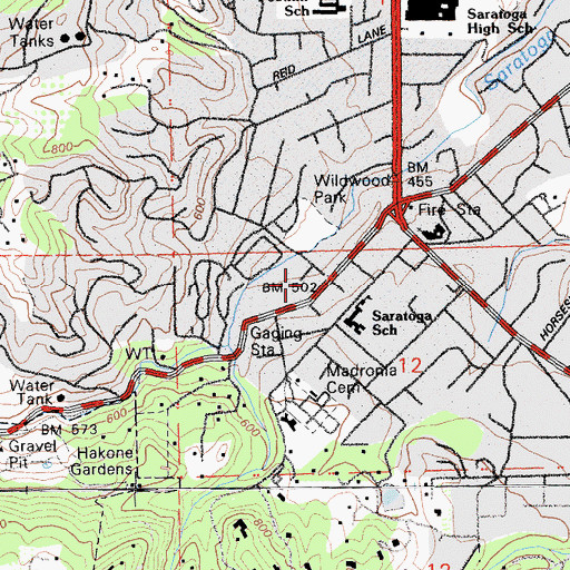 Topographic Map of Plaza del Roble Shopping Center, CA
