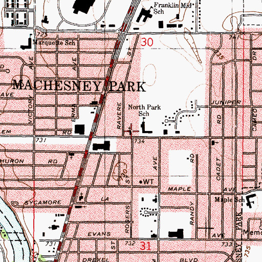 Topographic Map of First Baptist Church of Machesney Park, IL