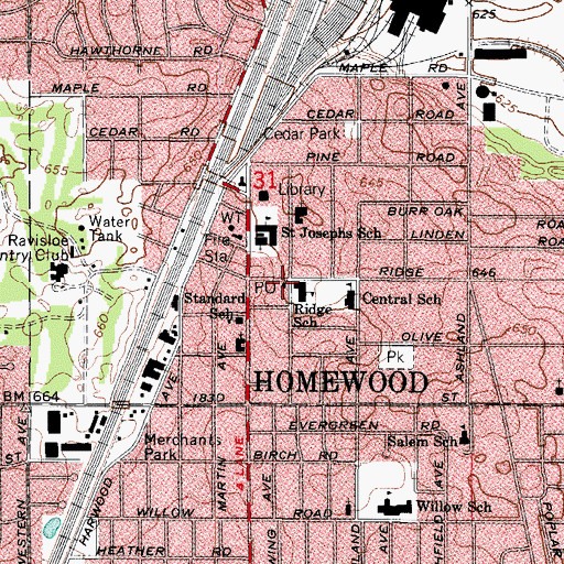 Topographic Map of Homewood Post Office, IL