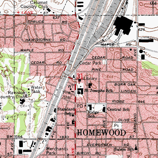 Topographic Map of Homewood Public Library, IL