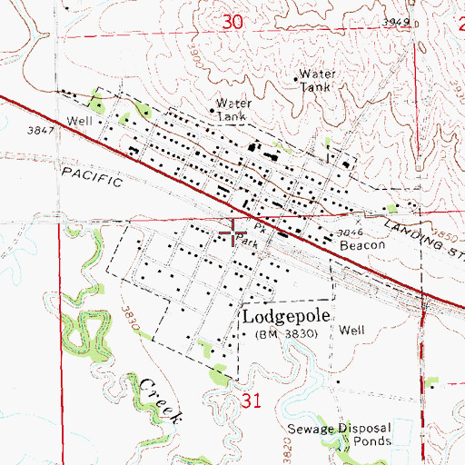 Topographic Map of Lodgepole and the Union Pacific Railroad Historical Marker, NE