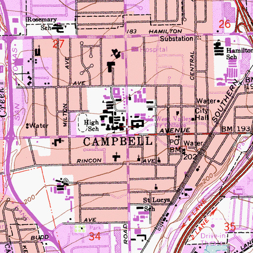 Topographic Map of Campbell Union Grammar School (historical), CA