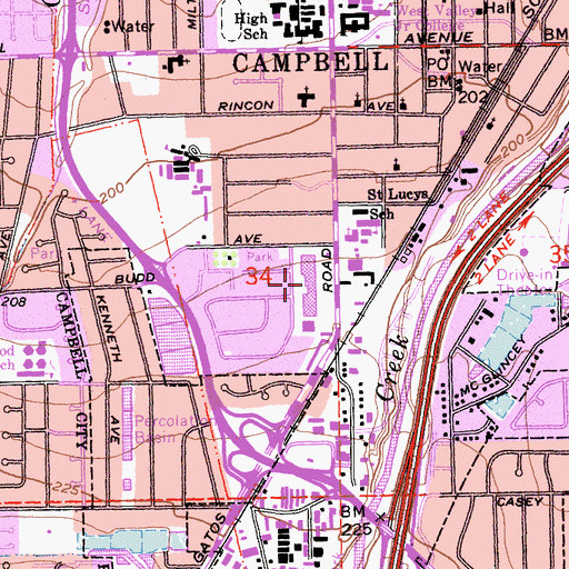 Topographic Map of Campbell Plaza Shopping Center, CA