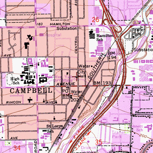 Topographic Map of Campbell Public Library, CA