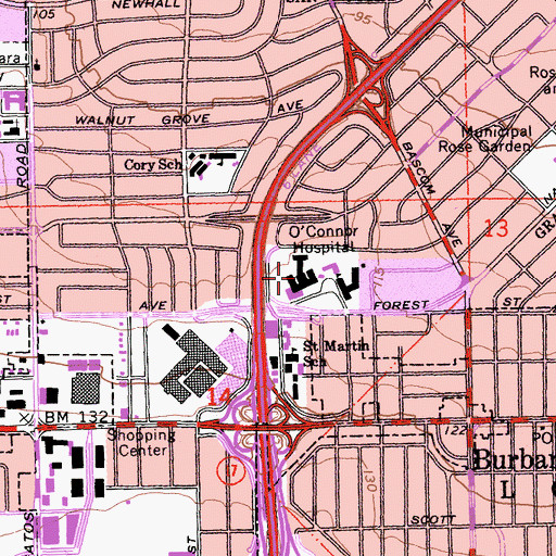 Topographic Map of O'Conner Hospital Library, CA