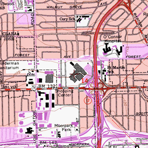 Topographic Map of Town and Country Village Shopping Center, CA