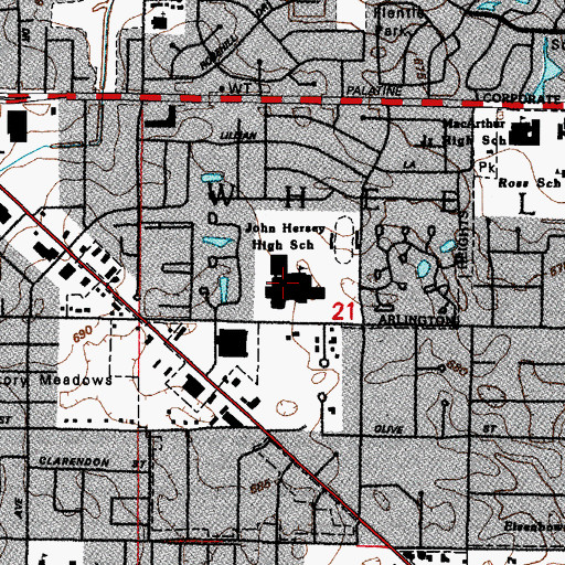 Topographic Map of John Hersey High School, IL