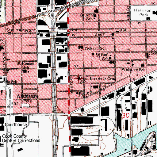 Topographic Map of Juan Inez de la Cruz School, IL