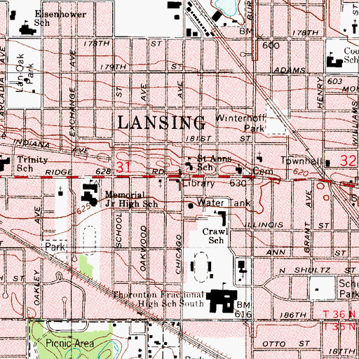 Topographic Map of Lewis O Flom Lansing Public Library, IL