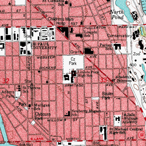 Topographic Map of Lincoln Park High School, IL