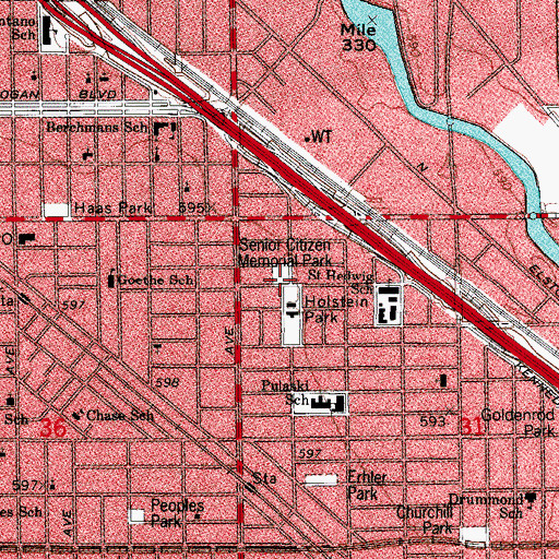 Topographic Map of Logan Vocational High School, IL