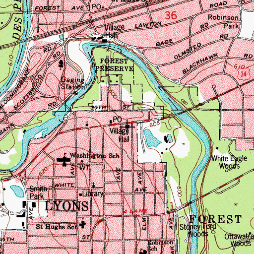 Topographic Map of Lyons Village Hall, IL