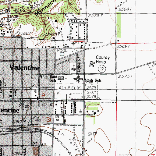 Topographic Map of Valentine Rural High School, NE