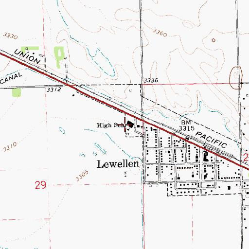 Topographic Map of Lewellen Public School, NE