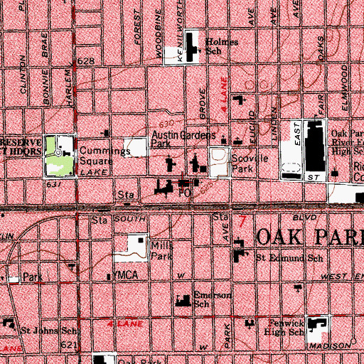 Topographic Map of Oak Park Post Office, IL