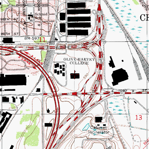 Topographic Map of Olive-Harvey College, IL