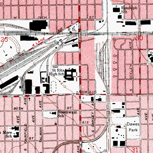 Topographic Map of Quigley Preparatory Seminary South, IL