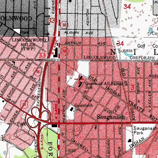 Topographic Map of Queen of All Saints Roman Catholic Church, IL