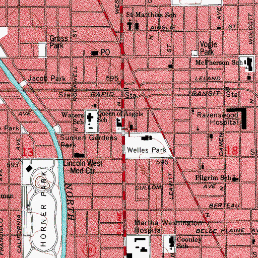 Topographic Map of Queen of Angels Roman Catholic Church, IL