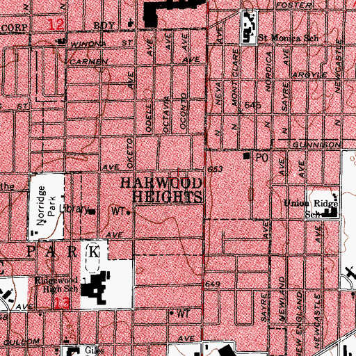 Topographic Map of Harwood Heights Village Hall, IL
