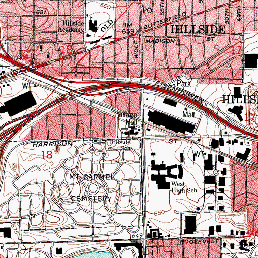 Topographic Map of Hillside Village Hall, IL