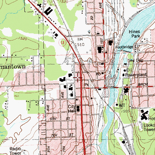 Topographic Map of Park Falls Public Library, WI