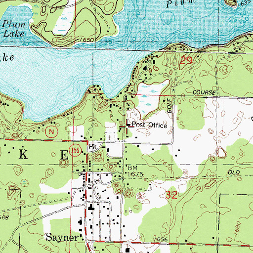 Topographic Map of Sayner Post Office, WI