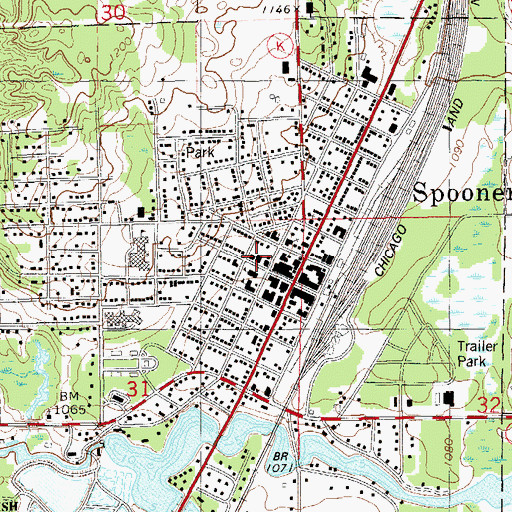 Topographic Map of Spooner City Hall, WI