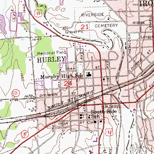 Topographic Map of Hurley Public Library, WI