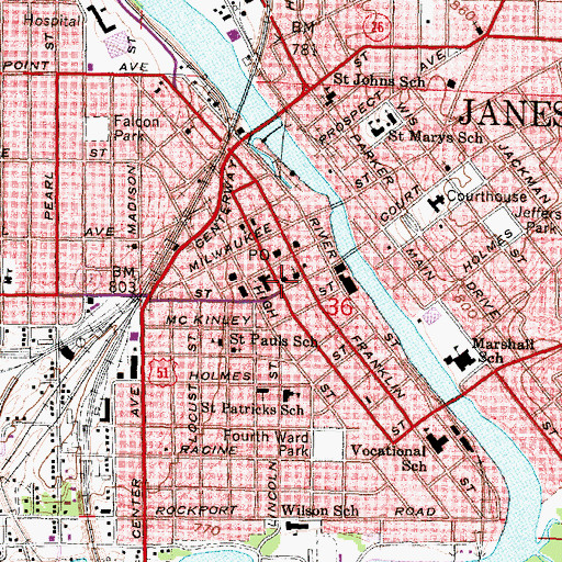 Topographic Map of First Baptist Church, WI