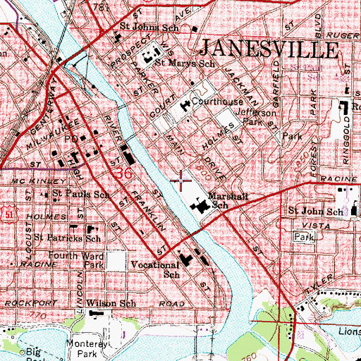 Topographic Map of Janesville Public Library, WI