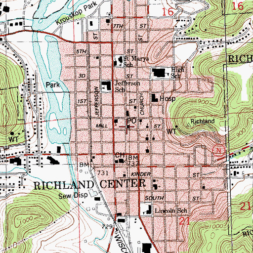 Topographic Map of Richland Center Post Office, WI