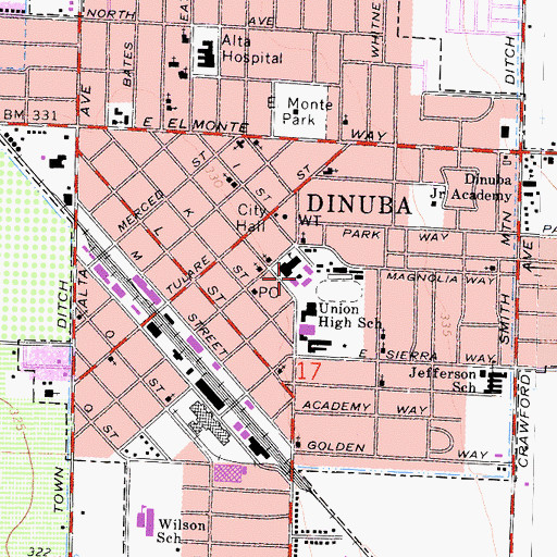 Topographic Map of Dinuba Adult Evening High School, CA