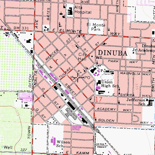 Topographic Map of Dinuba Post Office, CA