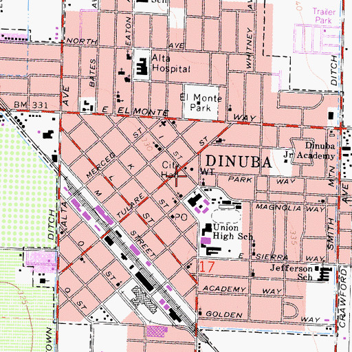 Topographic Map of Dinuba Branch Tulare County Library, CA
