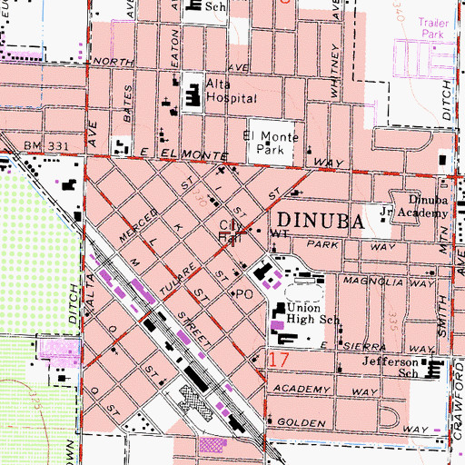 Topographic Map of Dinuba City Hall, CA