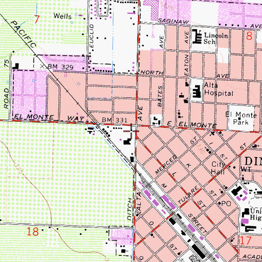 Topographic Map of Dinuba Womens Club, CA