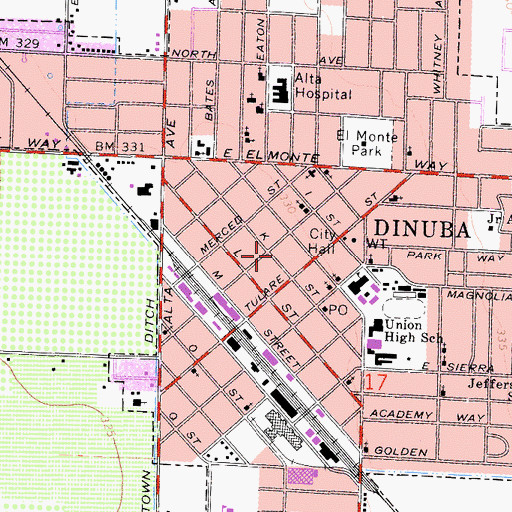 Topographic Map of Methodist Church of Dinuba, CA