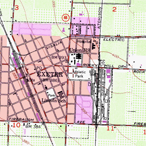 Topographic Map of Exeter City Athletic Park, CA