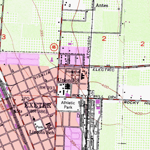 Topographic Map of Exeter Memorial Hospital, CA