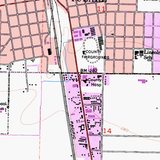 Topographic Map of Tulare County General Hospital, CA