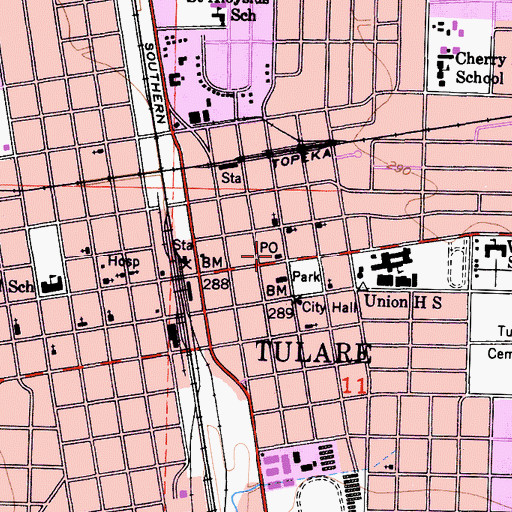 Topographic Map of Tulare Post Office, CA