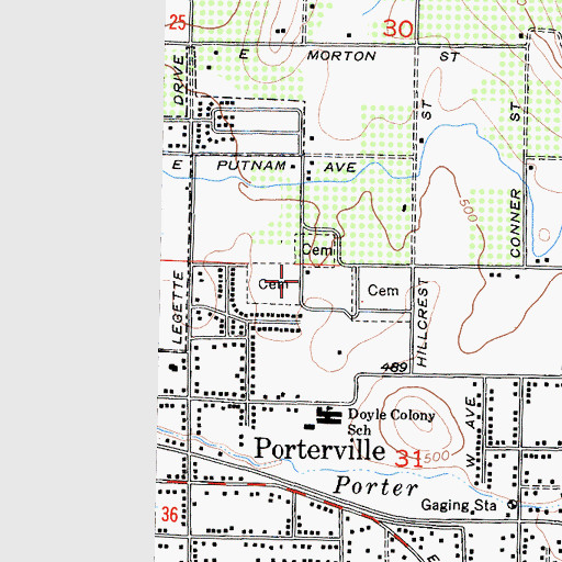 Topographic Map of Porterville Cemetery, CA