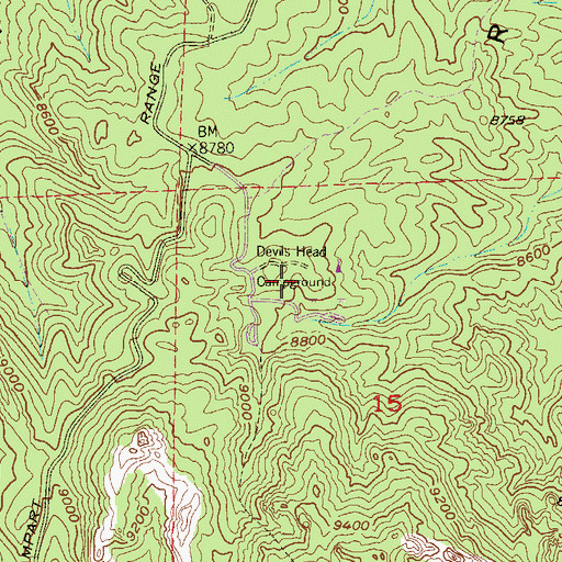 Topographic Map of Devils Head Campground, CO