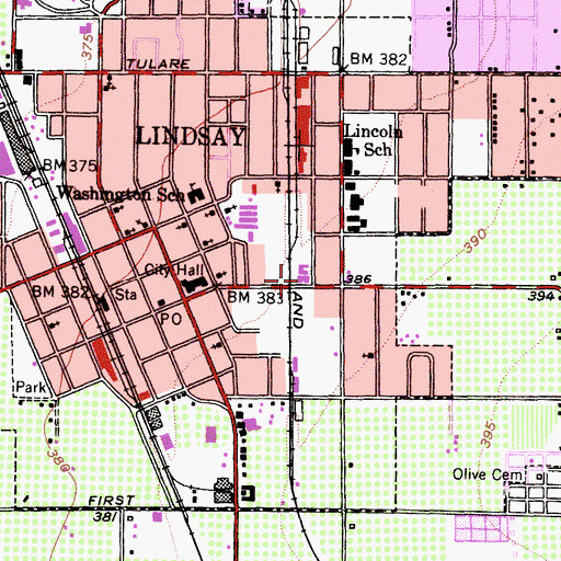 Topographic Map of First Baptist Church of Lindsay, CA