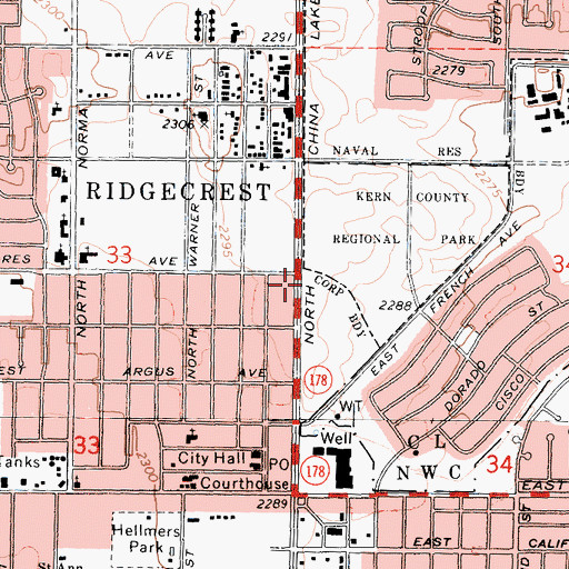Topographic Map of Ridgecrest Branch Kern County Library, CA