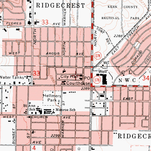 Topographic Map of Ridgecrest City Hall, CA