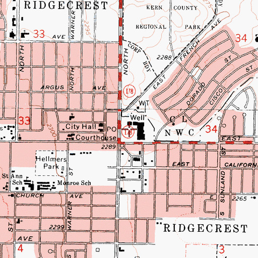 Topographic Map of Ridgecrest Plaza Shopping Center, CA