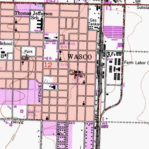 Topographic Map of Wasco City Hall, CA