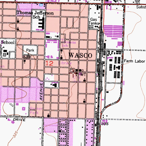 Topographic Map of Wasco Post Office, CA